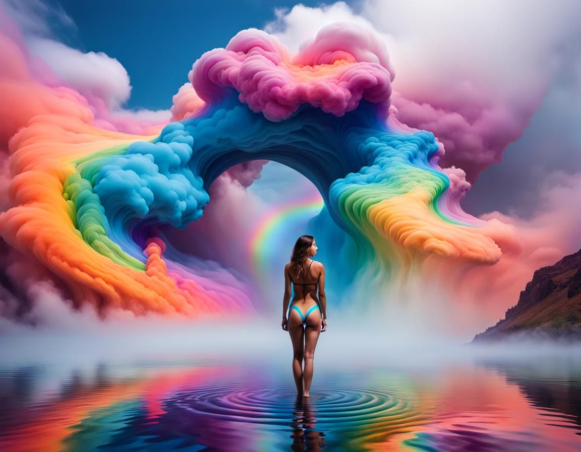 Surreal Lake of Fluid Woman Under Rainbow Sky
