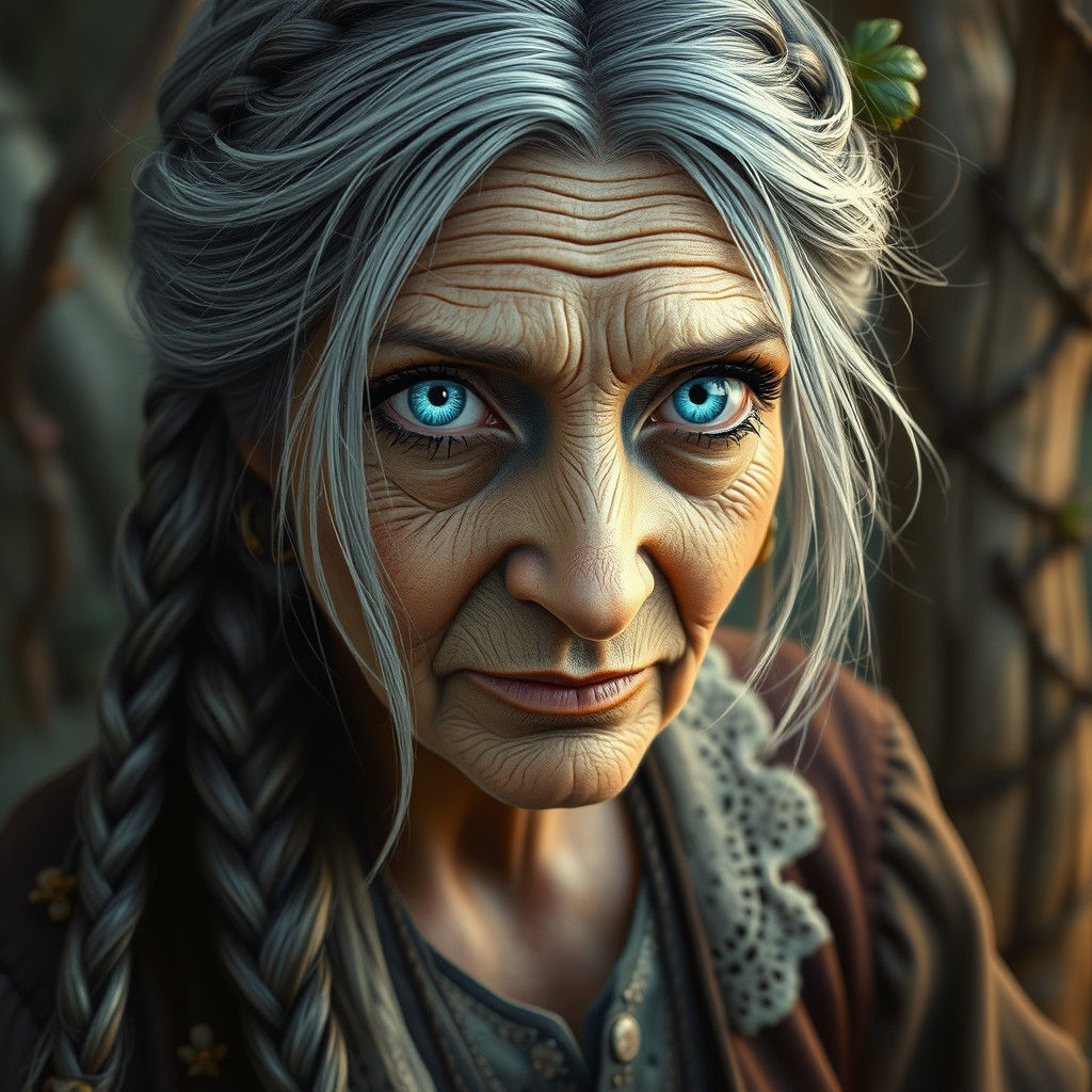 Whimsical Bohemian Woman with Expressive Blue Eyes