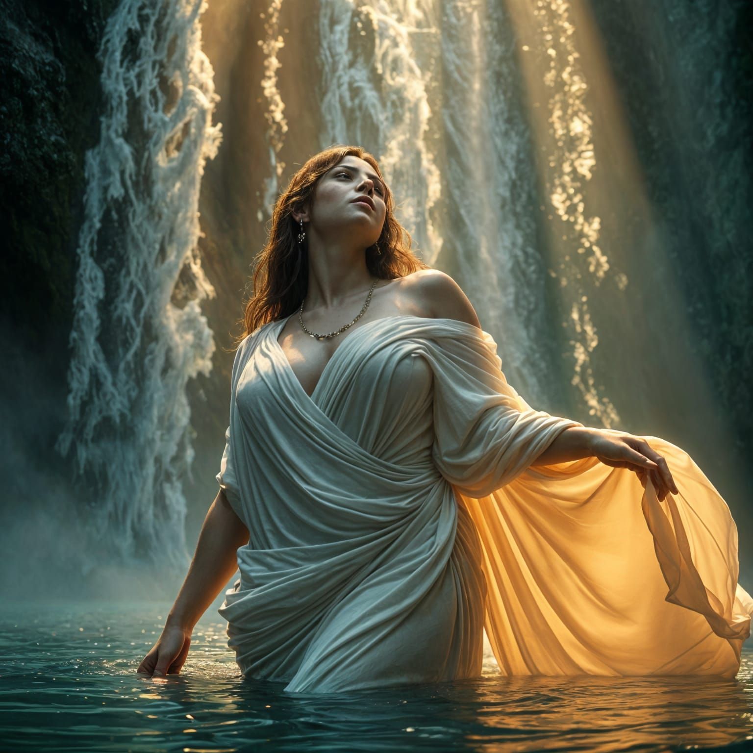 Hyperrealistic Greek Goddess of Love in Waterfall