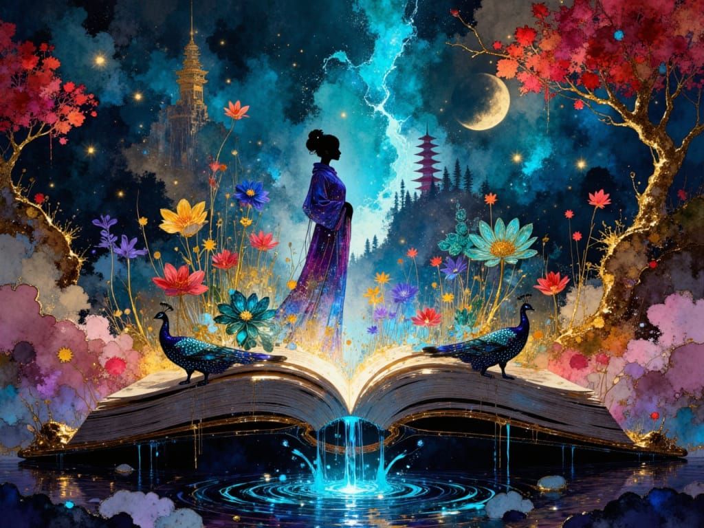 Open Book River to Cosmic Void with Geisha and Pagoda