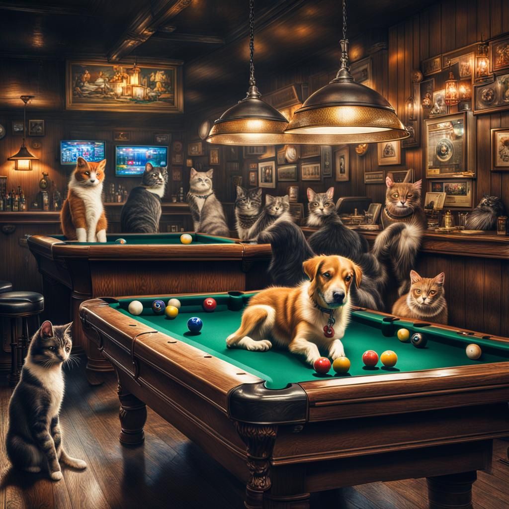 Dogs and Cats Playing Pool in a Bar