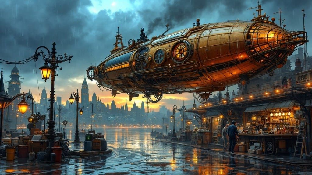 Steampunk Airship Repair in Midair Garage with Cityscape