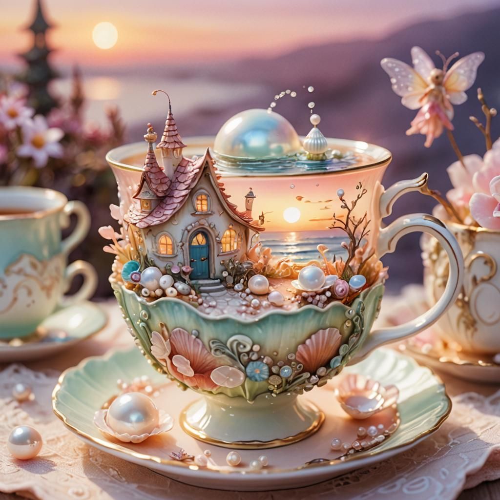 Miniature Teacup Fairy Tale Scene in Watercolor Style