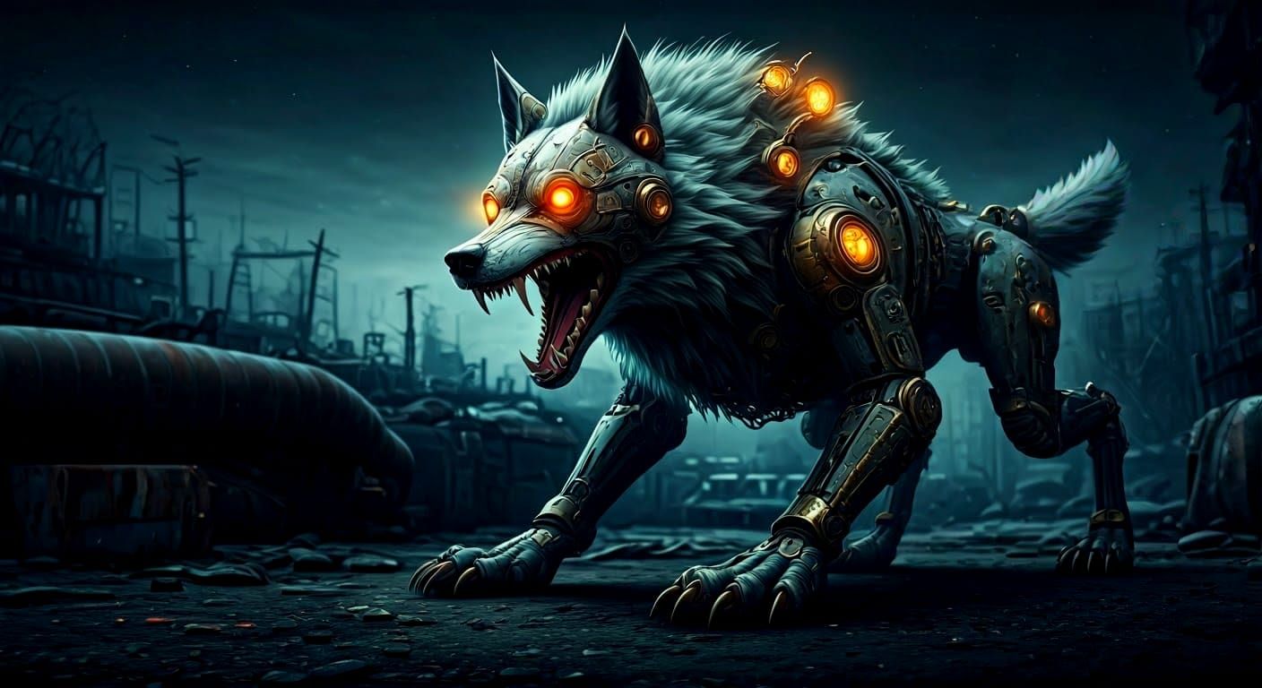 Steampunk Cyborg Wolf in Junkyard at Night
