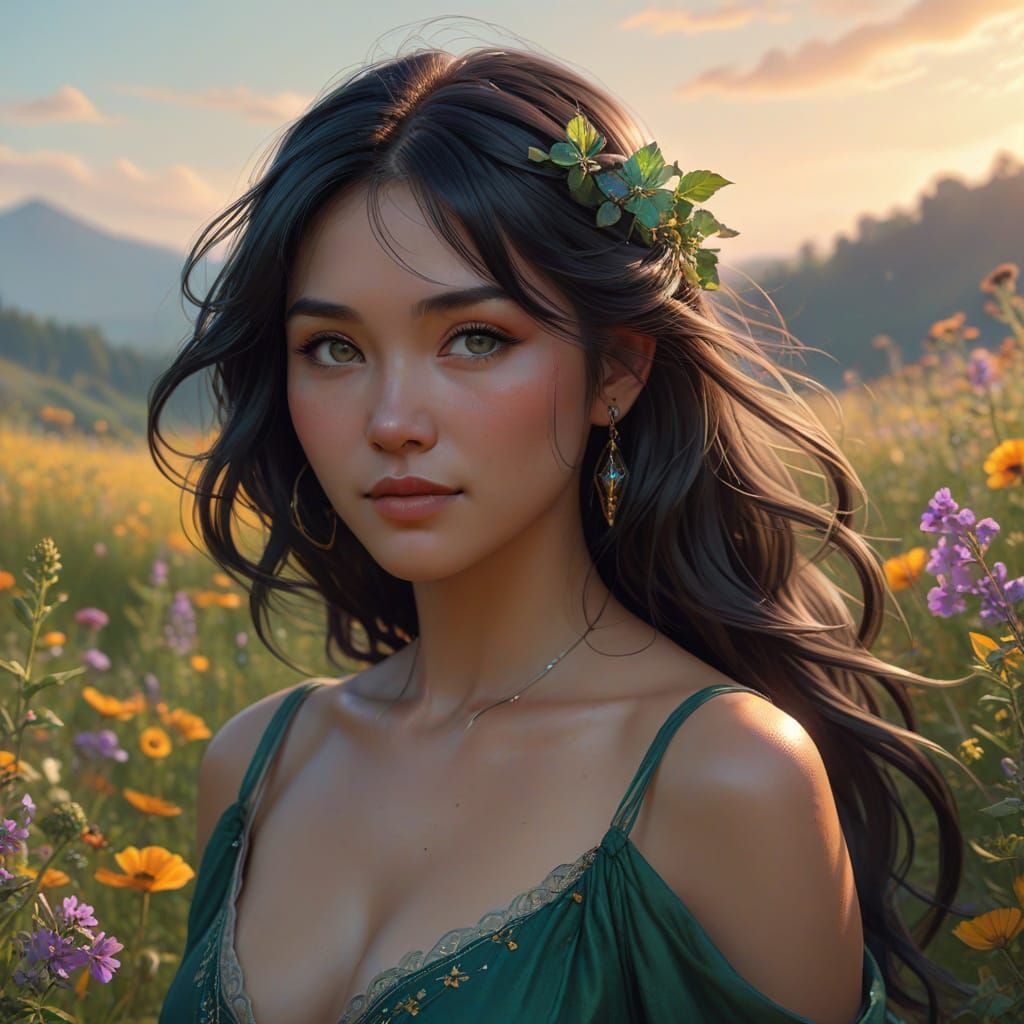 Hyperrealistic Woman in Wildflower Field at Dawn