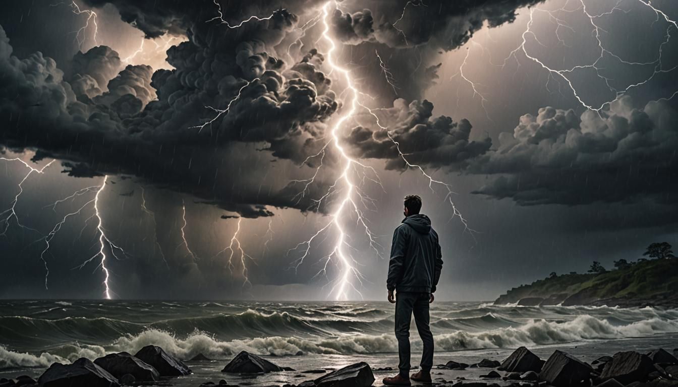 Serene Figure Amidst Storm: Dark Fantasy Concept Art