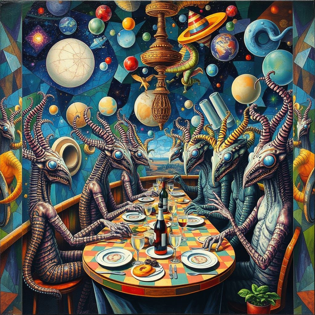 Surreal Galaxy Cafe with Mirrored Mosaics, Psychedelic Art