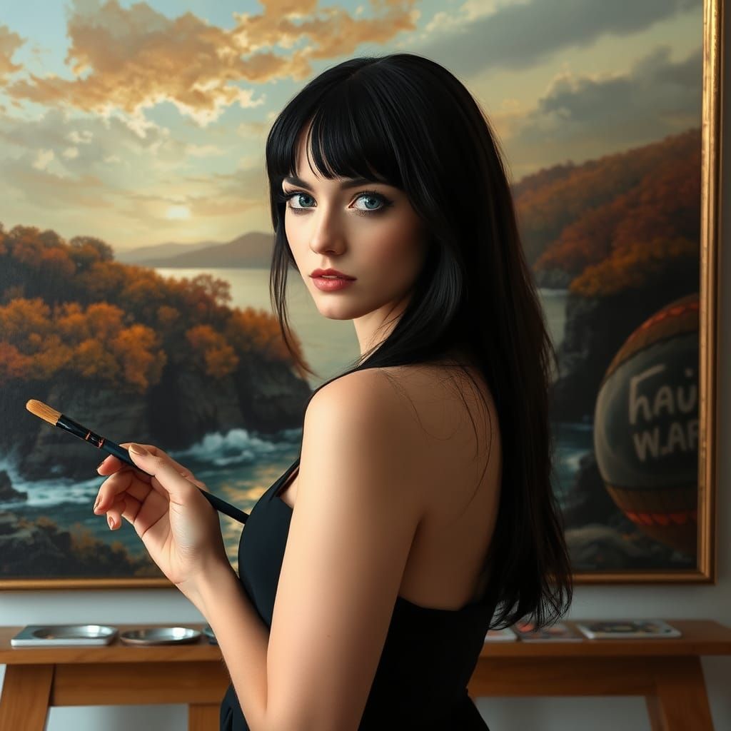 Ethereal Woman with Autumn Landscape Painting