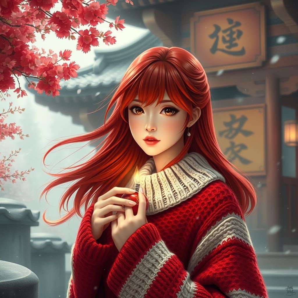 Ethereal Japanese Goddess in Red Striped Sweater at Shrine