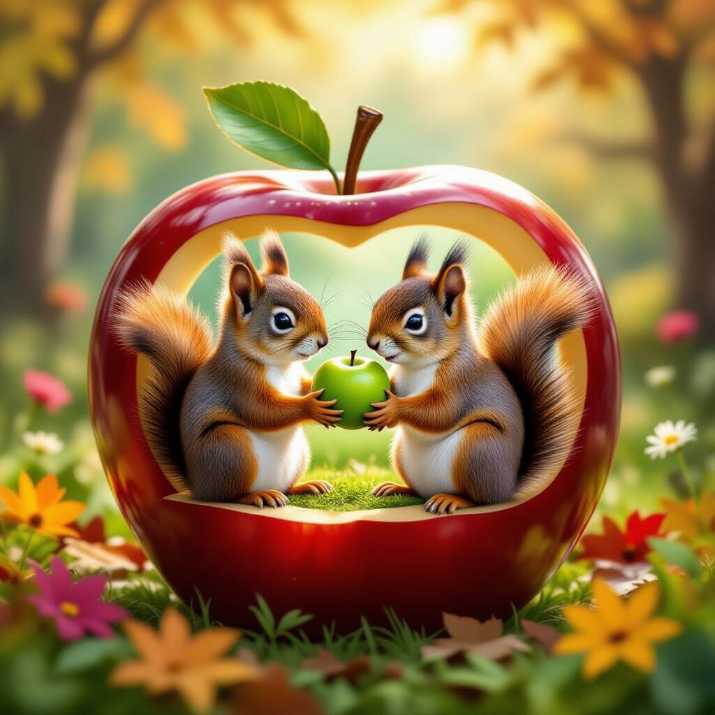 Whimsical Squirrels Share Apple in Autumn Forest