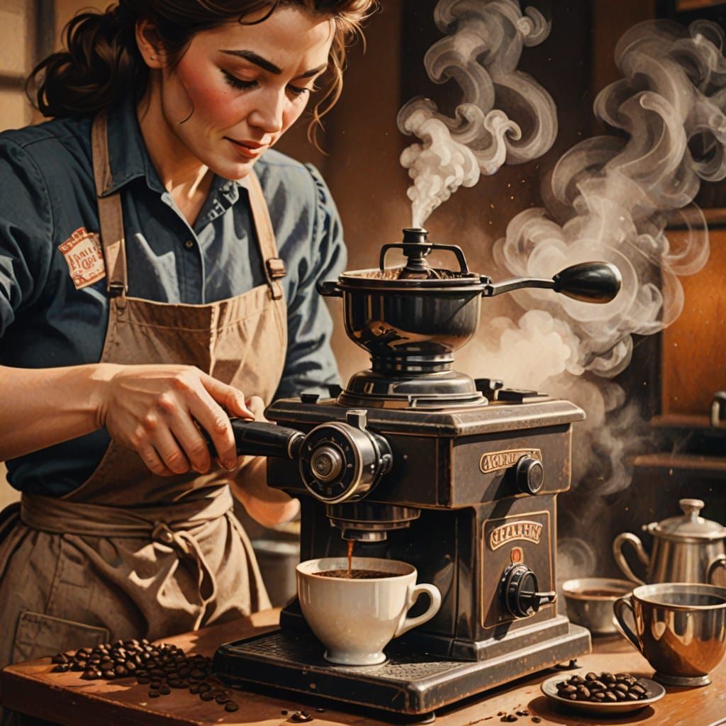 Vintage Coffee Poster with Woman Grinding Beans