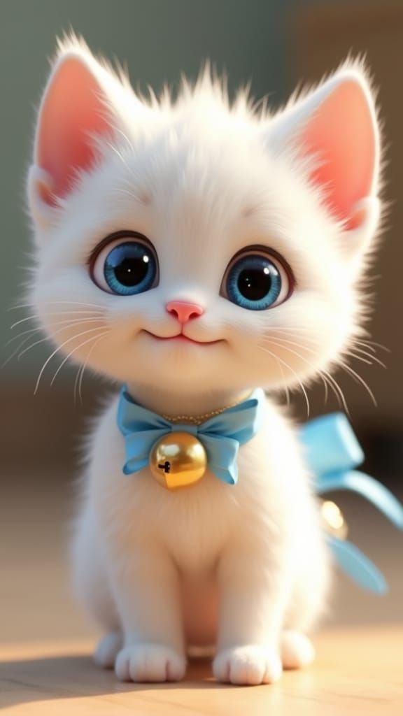 Pixar-Style White Kitten with Big Sapphire Eyes and Fluffy F...