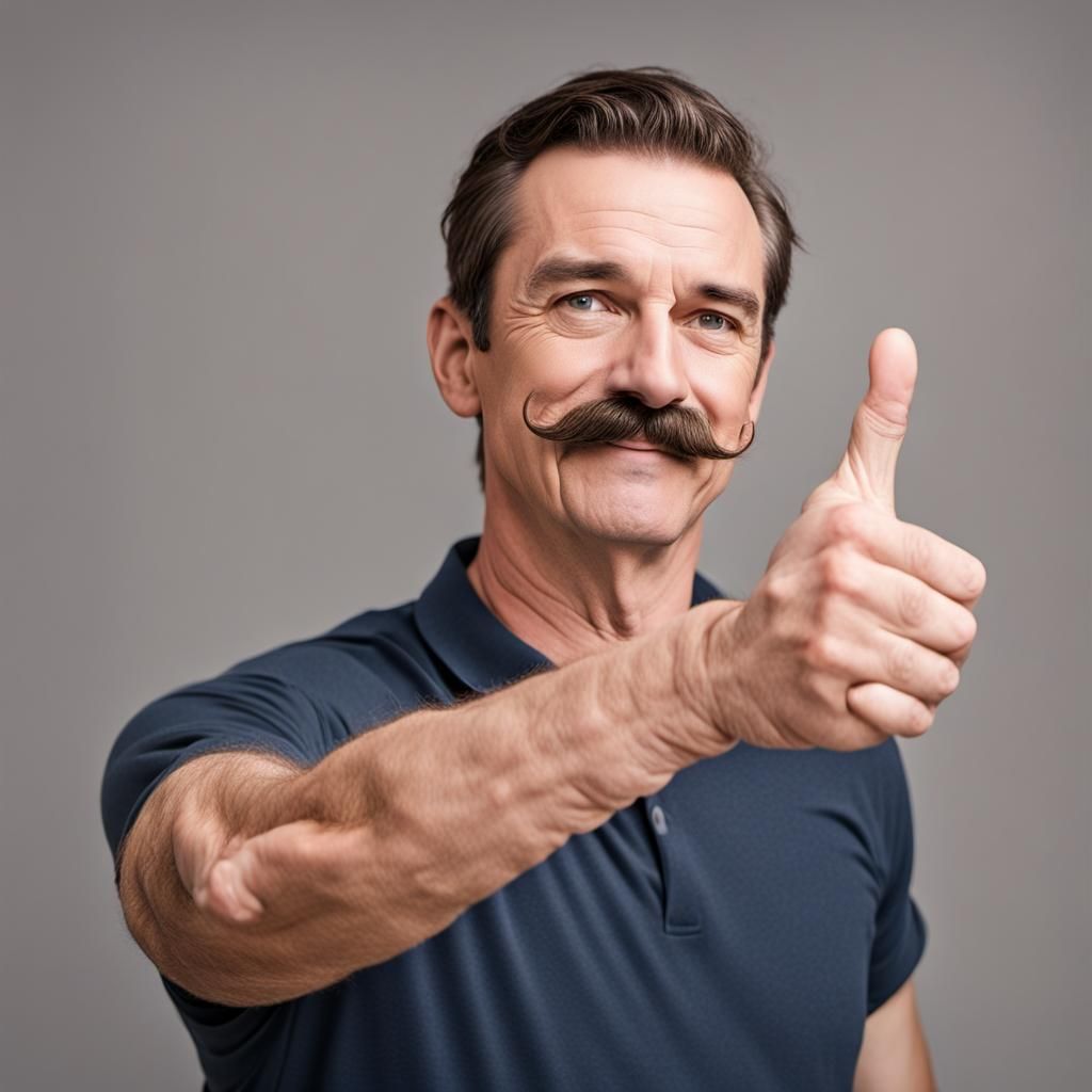 Man with Mustache Giving Straight-Arm Greeting