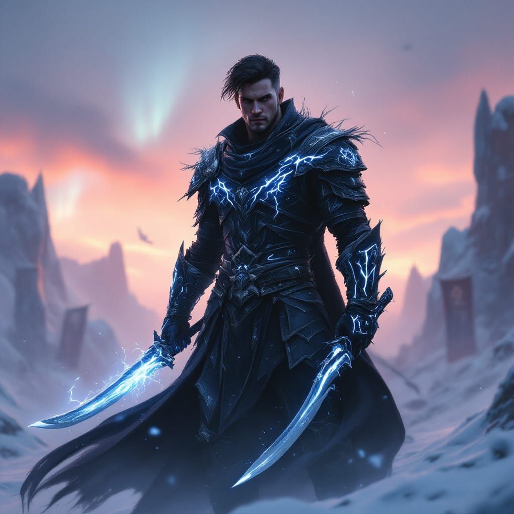 Assassin in Frozen Battlefield with Frost and Lightning Armo...