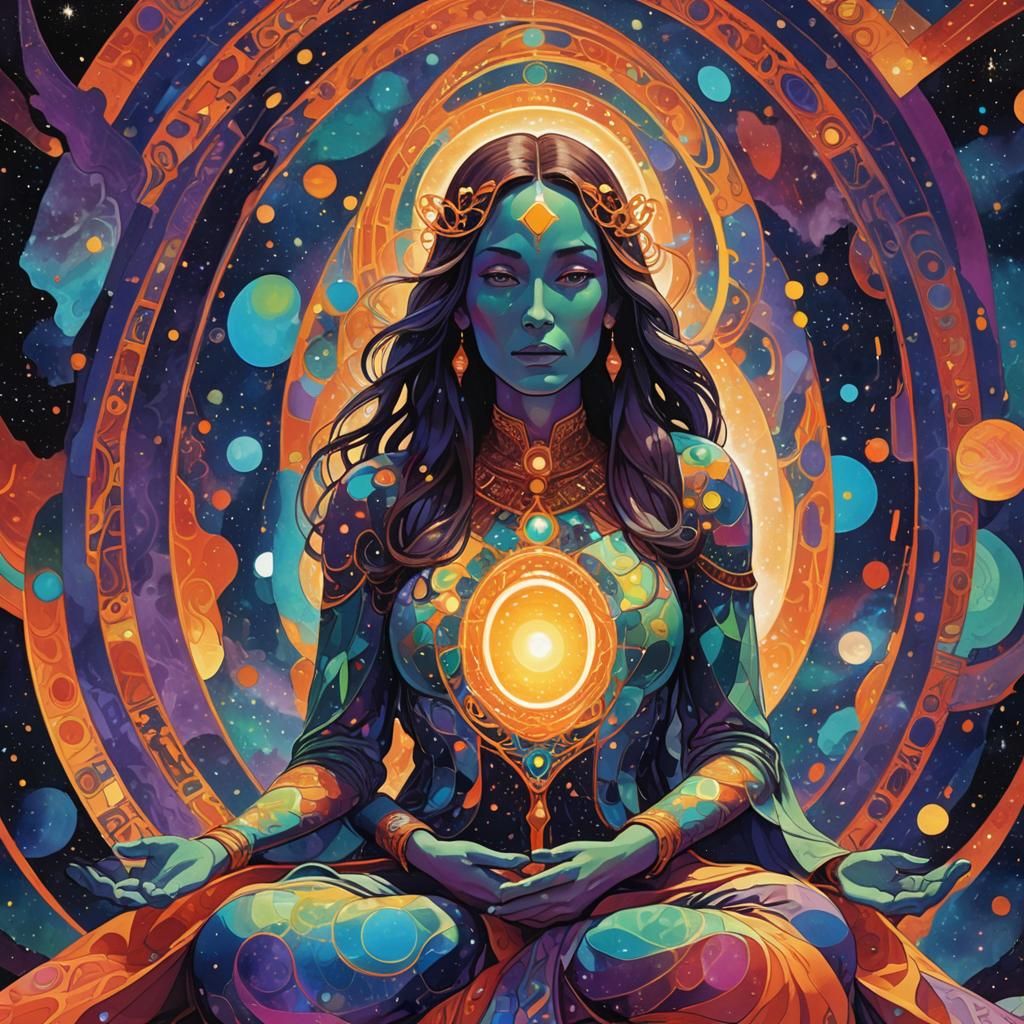 Cosmic Goddess Gazing at Luminous Egg in Geometric Fauvism