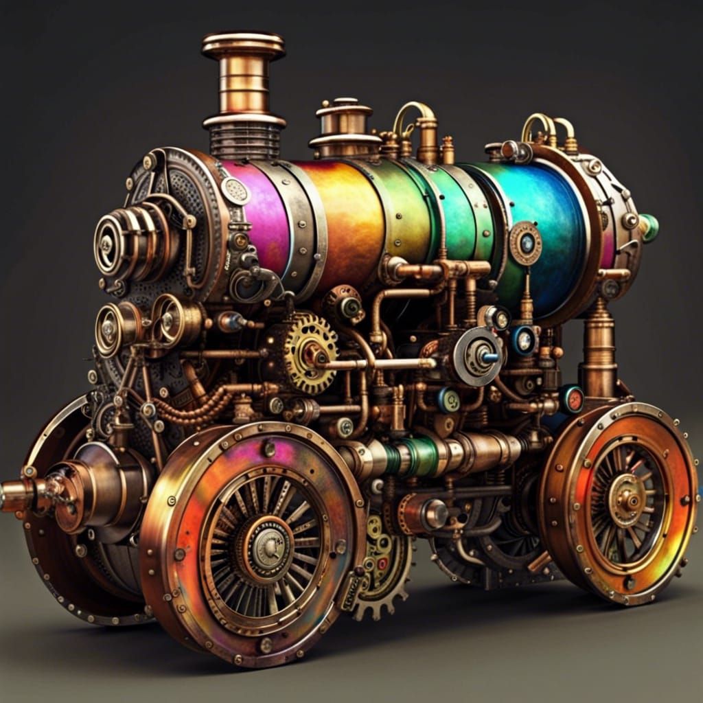 Steampunk Engine with Magnificently Colored Wheels