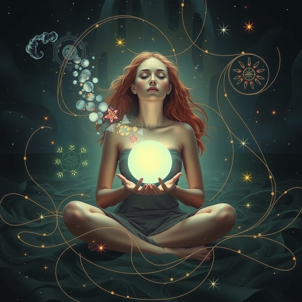 Serene Woman Radiates Calm Amidst Tempest in Ethereal Digita...