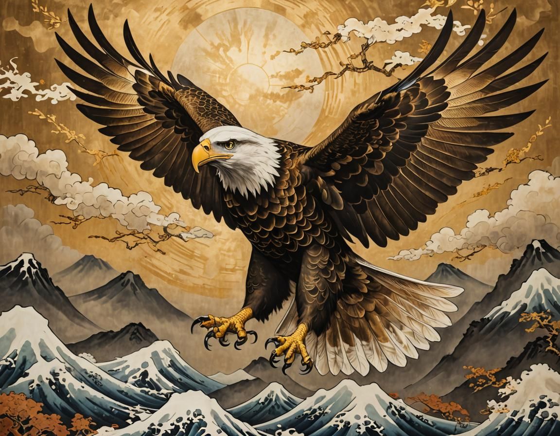 Majestic Eagle in Flight: Ukiyo-e Oil Painting