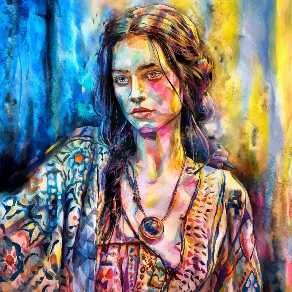 Watercolor Portrait of a Bohemian Woman in 8K