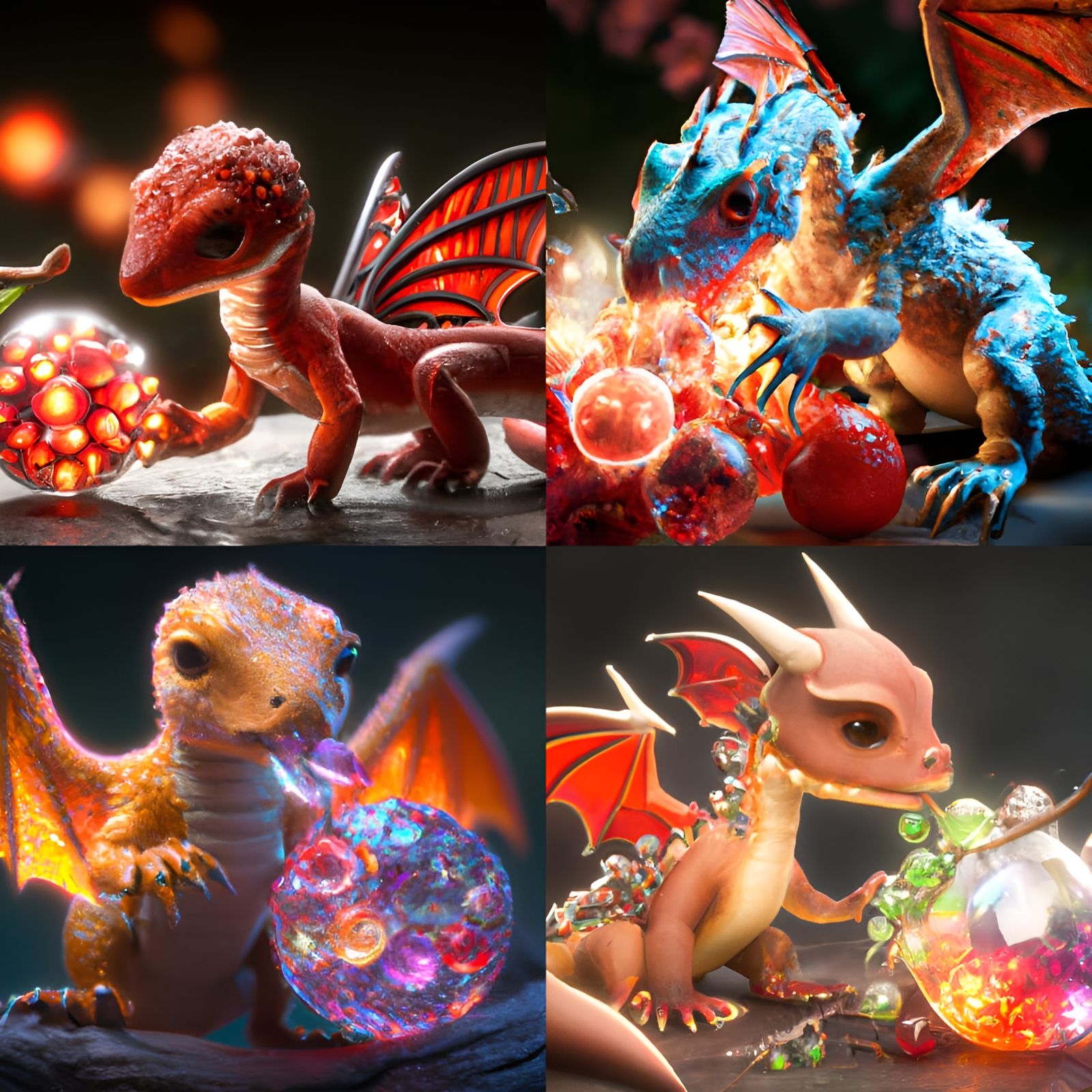 Baby Fire Dragon Eats Crystal Cherries, 3D Render