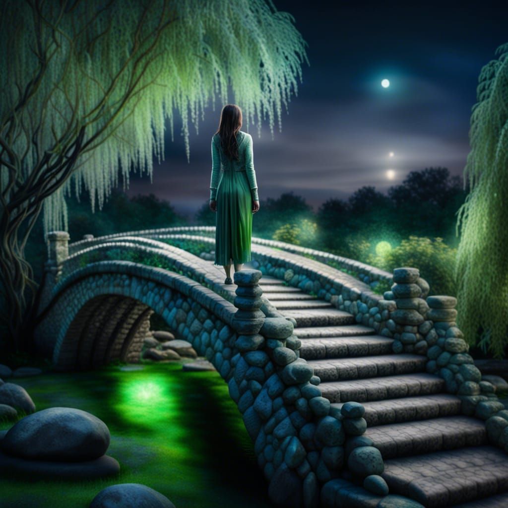Woman in Moonlit Garden with Willow Trees