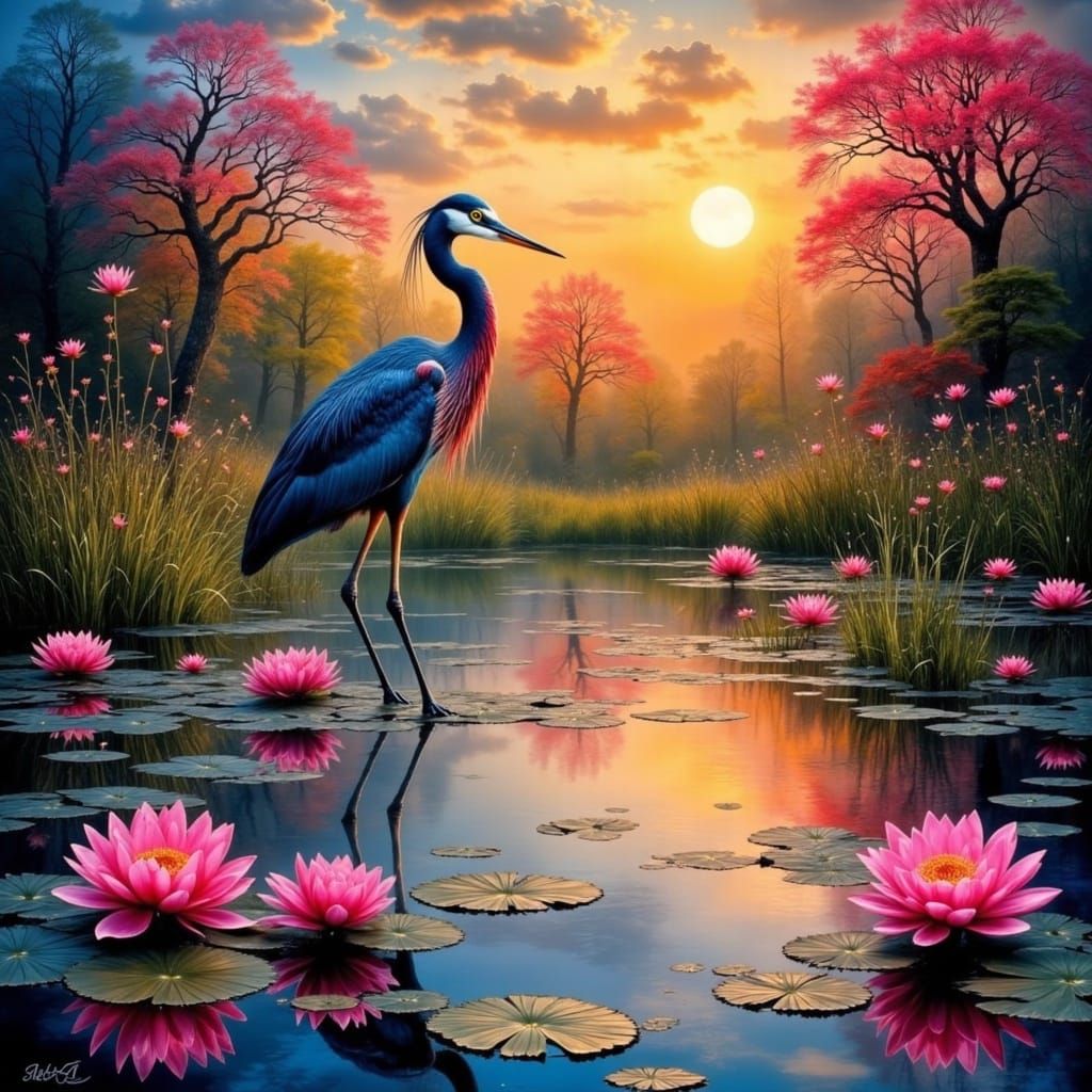 Enchanted Sunset Serenade by Whimsical Tricolored Heron