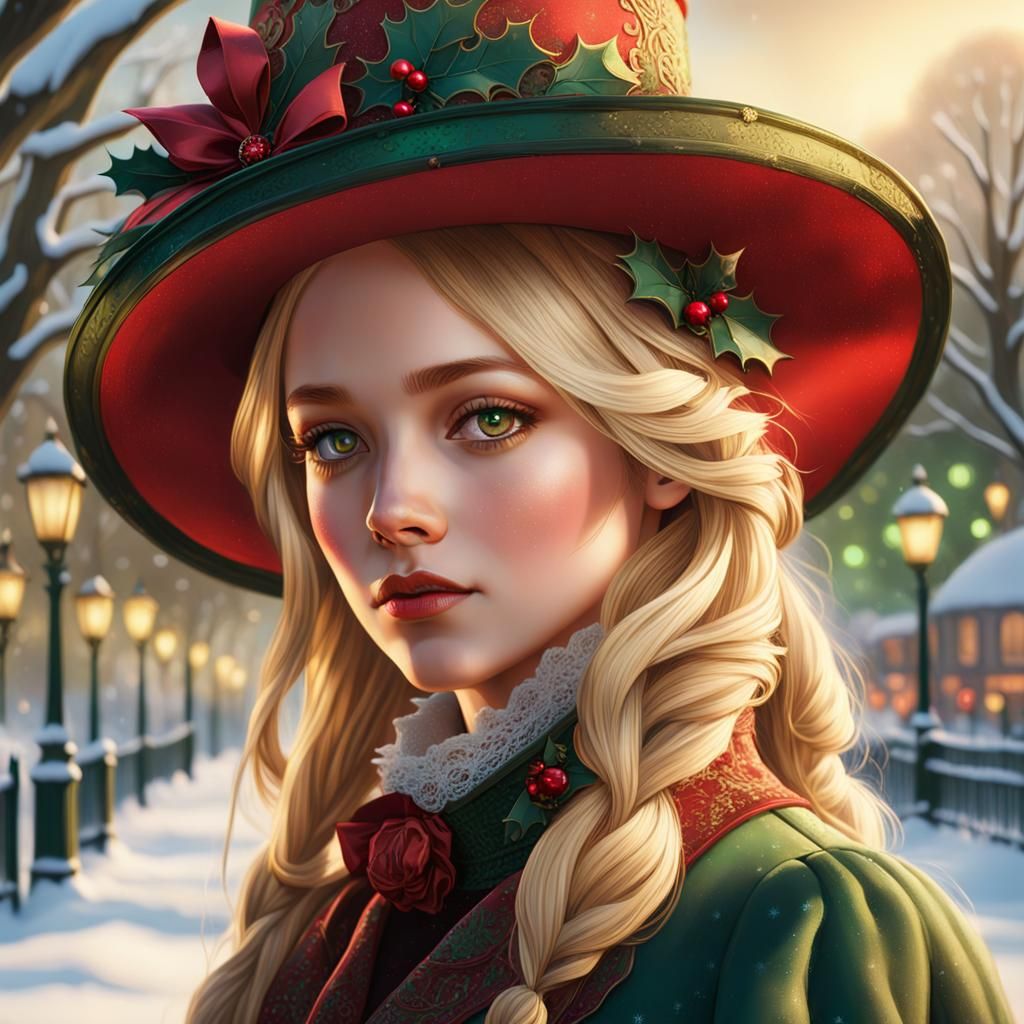 Victorian Girl in Snowy Park, Thomas Kinkade Style