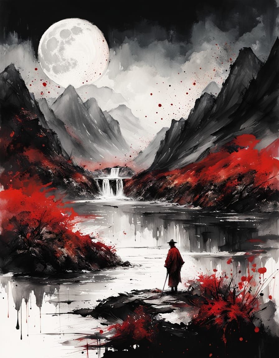 Japanese Mountain Sect Landscape in Black Ink Splatter Art