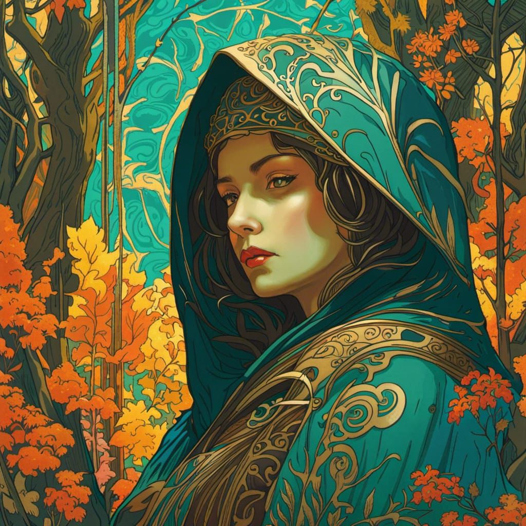 Hooded Figure in Woodland Glade, Alphonse Mucha Style
