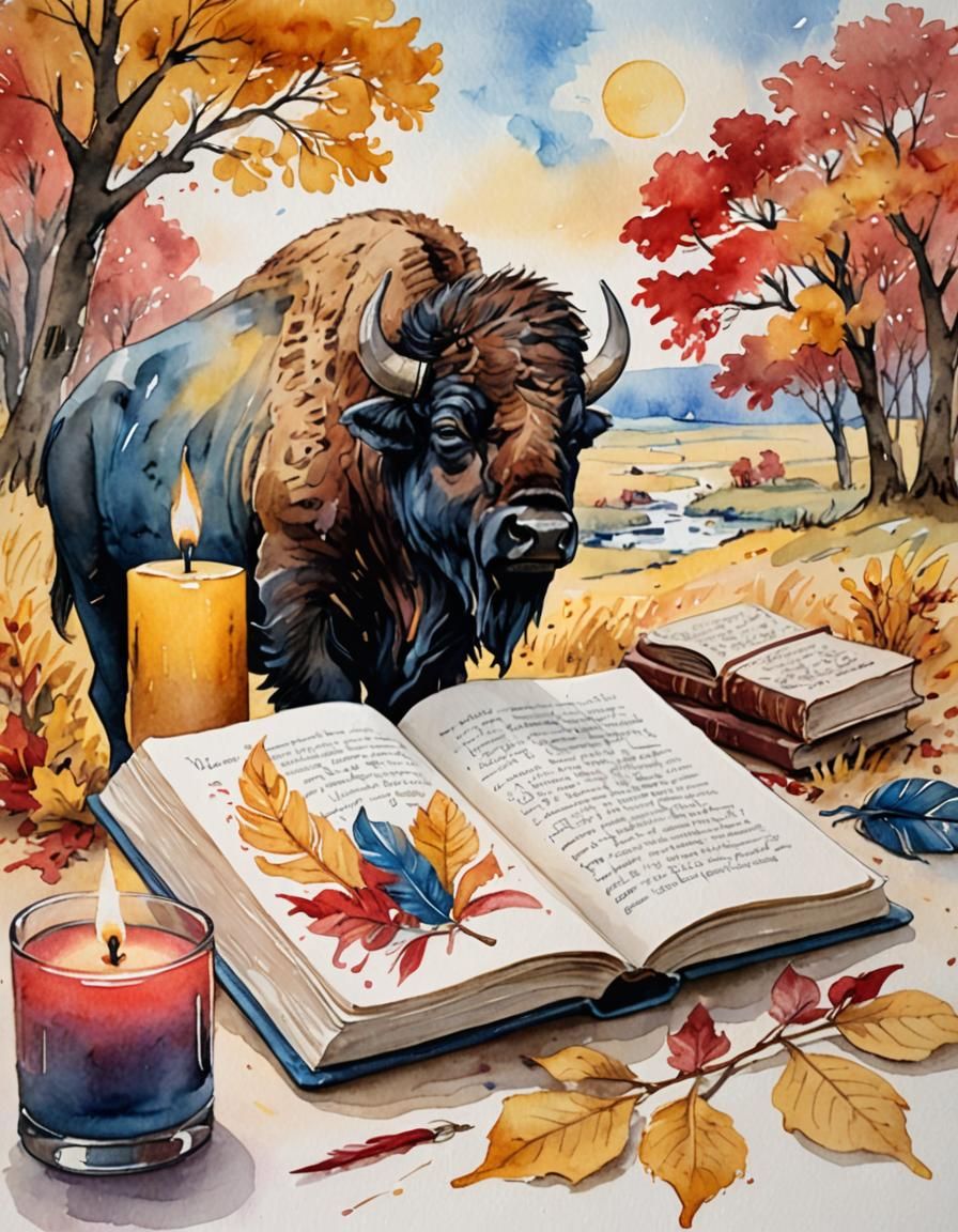 Watercolor Bison with Book in Impressionist Style