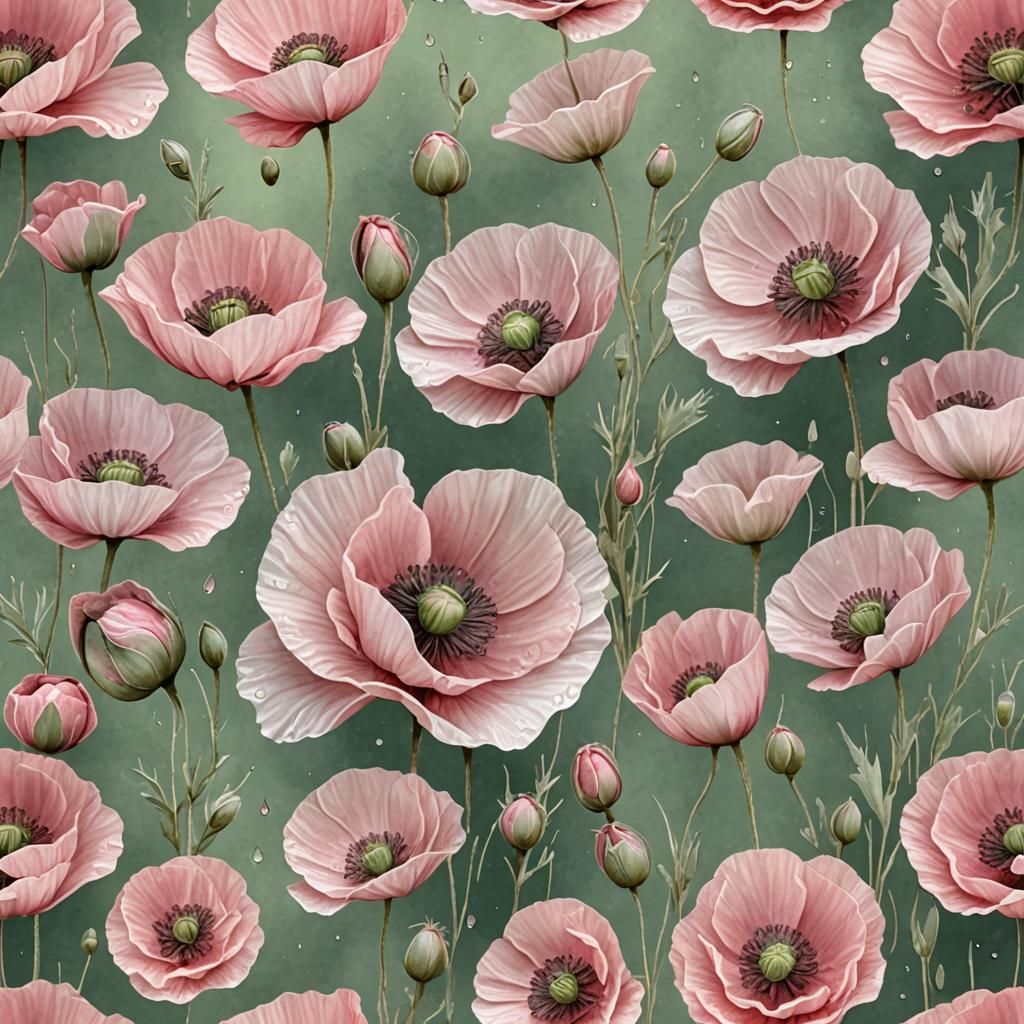 Digital Seamless Paper, Textured Sage Green Background, Lots of 3d Soft Pink Shirley Poppies with dew drops, 12k resolut...