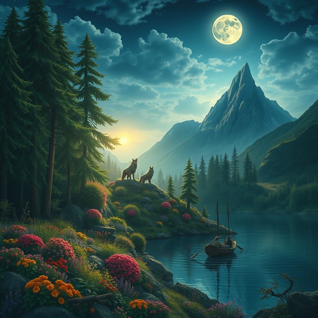 Mystical Moonlight Forest Landscape Painting
