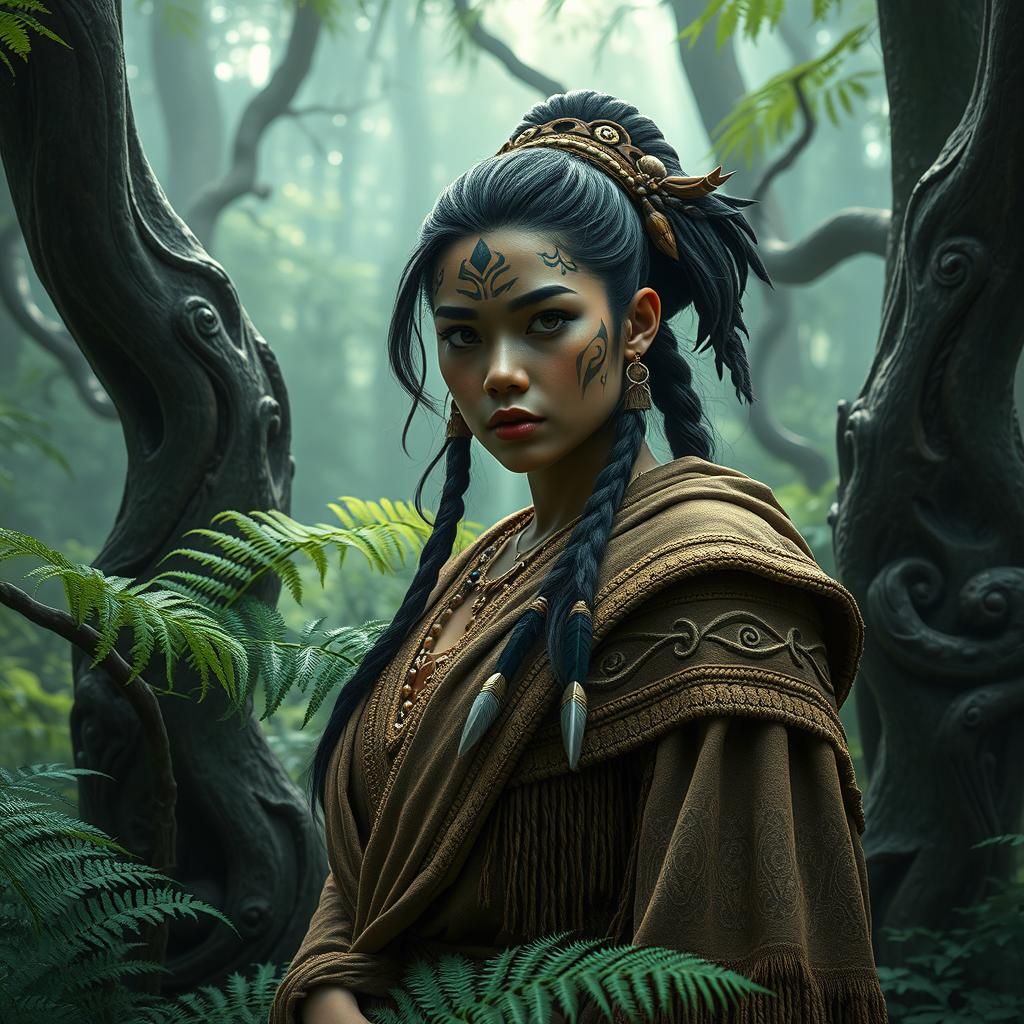 Maori Warrior Princess in Misty Forest, Hyperrealistic Art