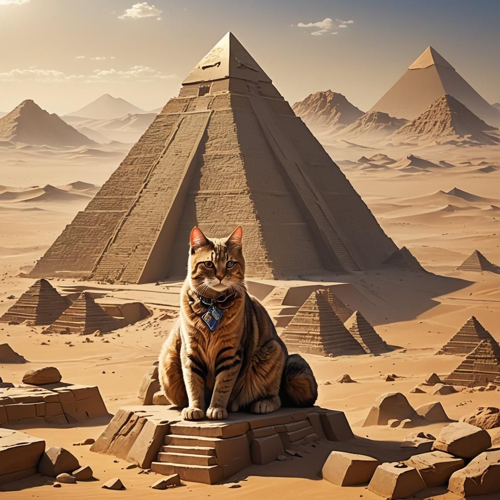 Cat Climbing Pyramid in Sun-Drenched Desert