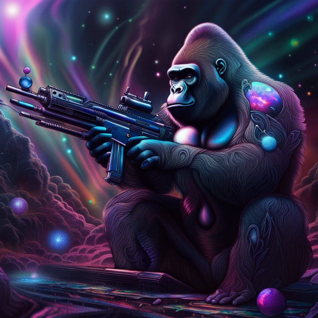 Empowered Gorilla with Machine Gun: Cosmic Illustration