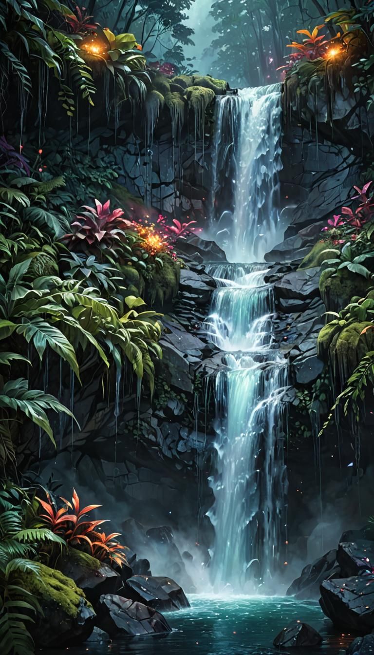 Mystical Waterfall in Nebula Colors, Digital Illustration