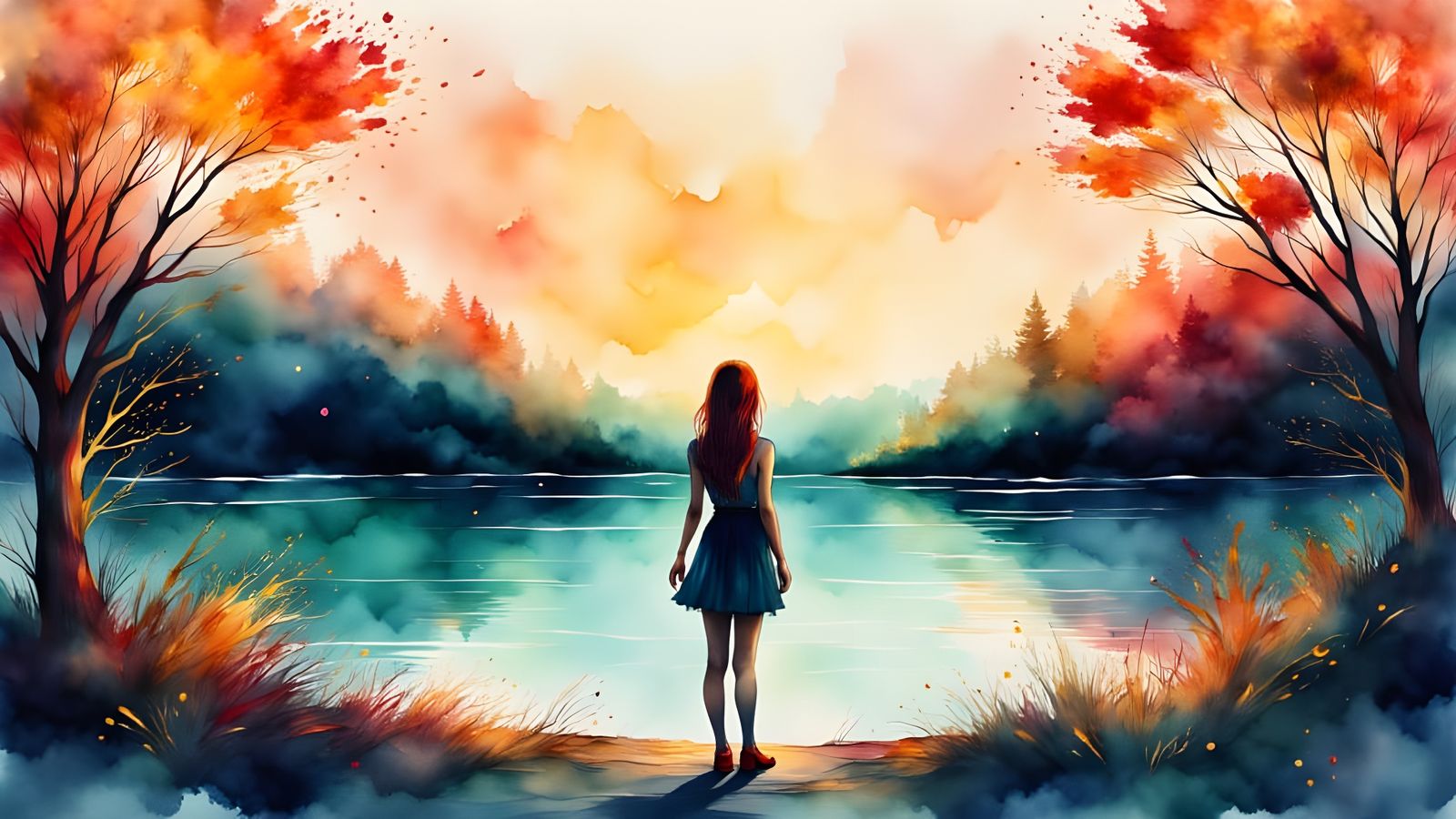 Woman by River in Watercolor and Ink Style