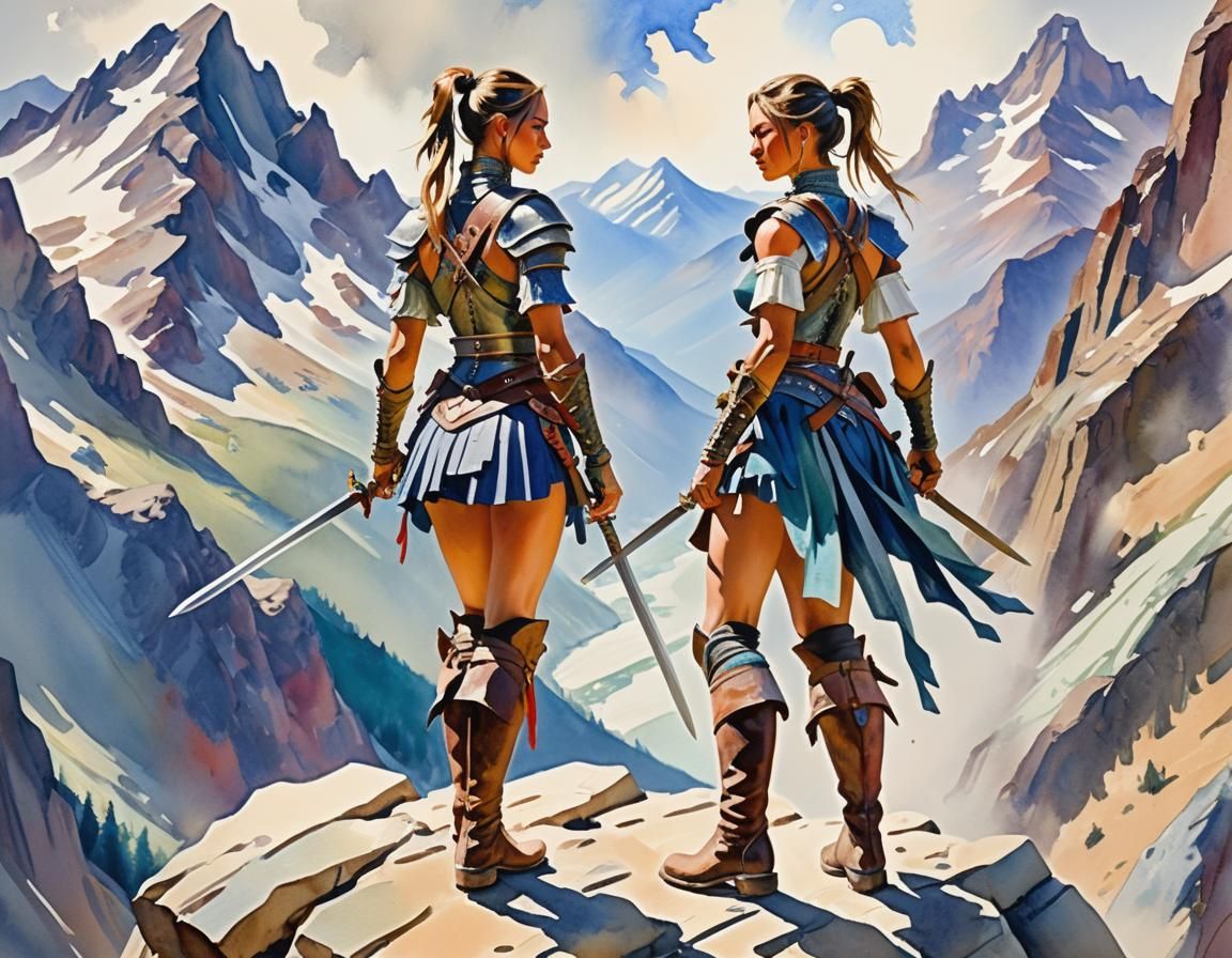 Warrior Woman in Mountain Pass, Gouache Watercolor Style