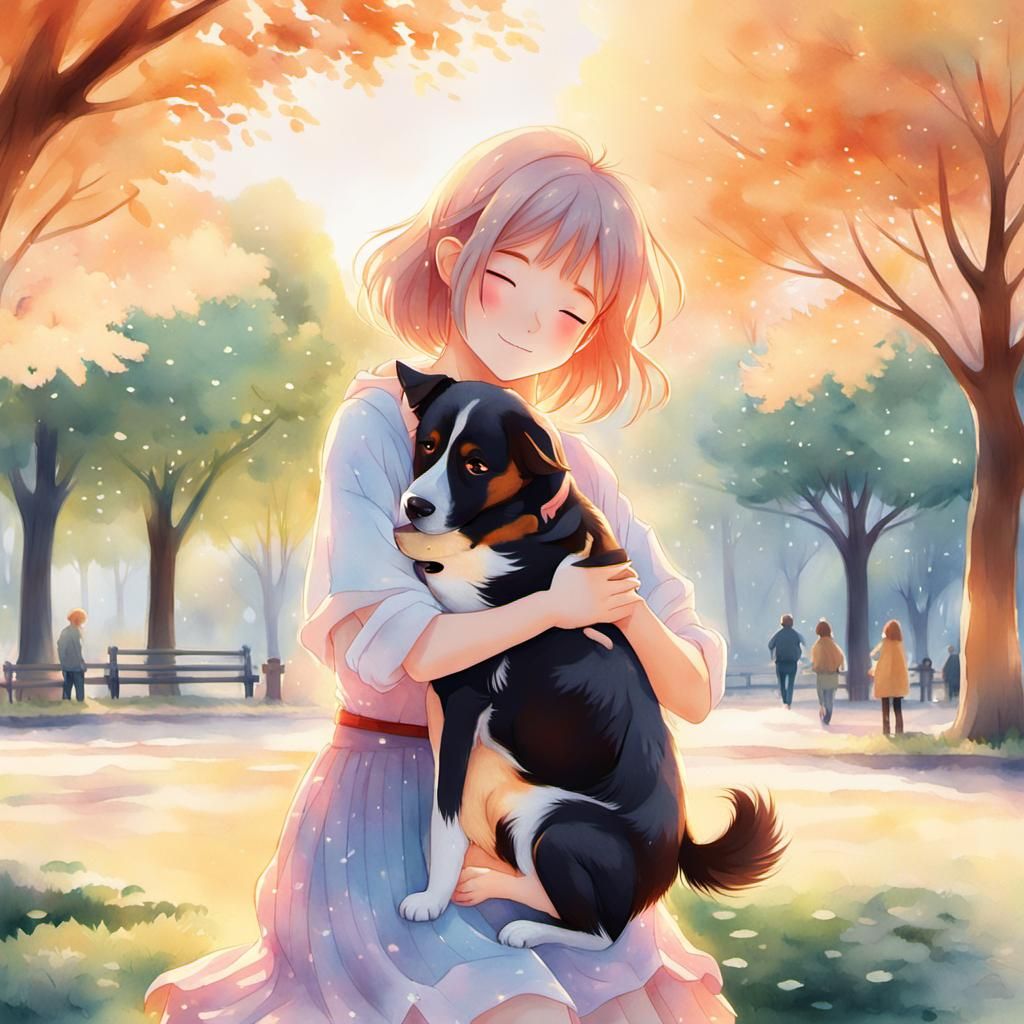 Girl Hugging Dog in Park: Anime Key Visual