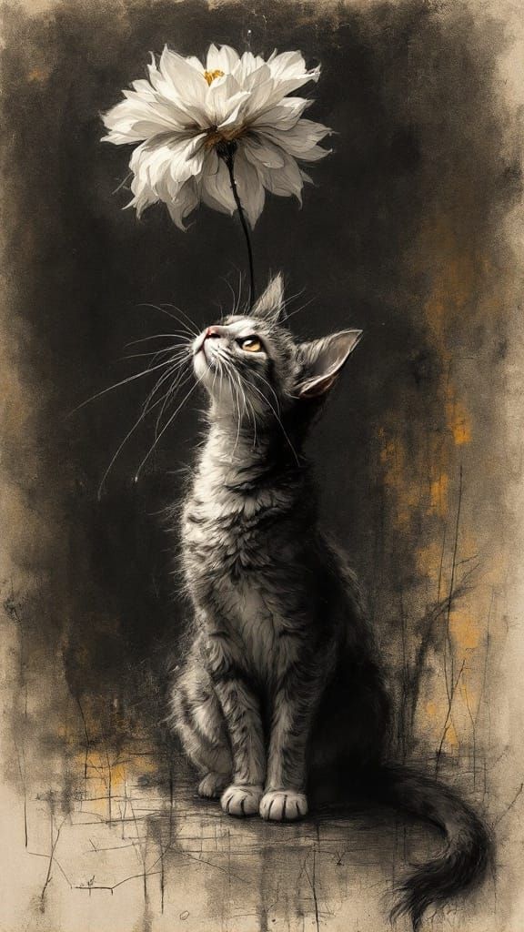 Whimsical Cat in Charcoal Sketch Style