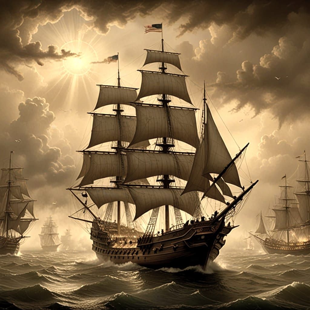 Columbus Sailing to America in Ethereal Sepia