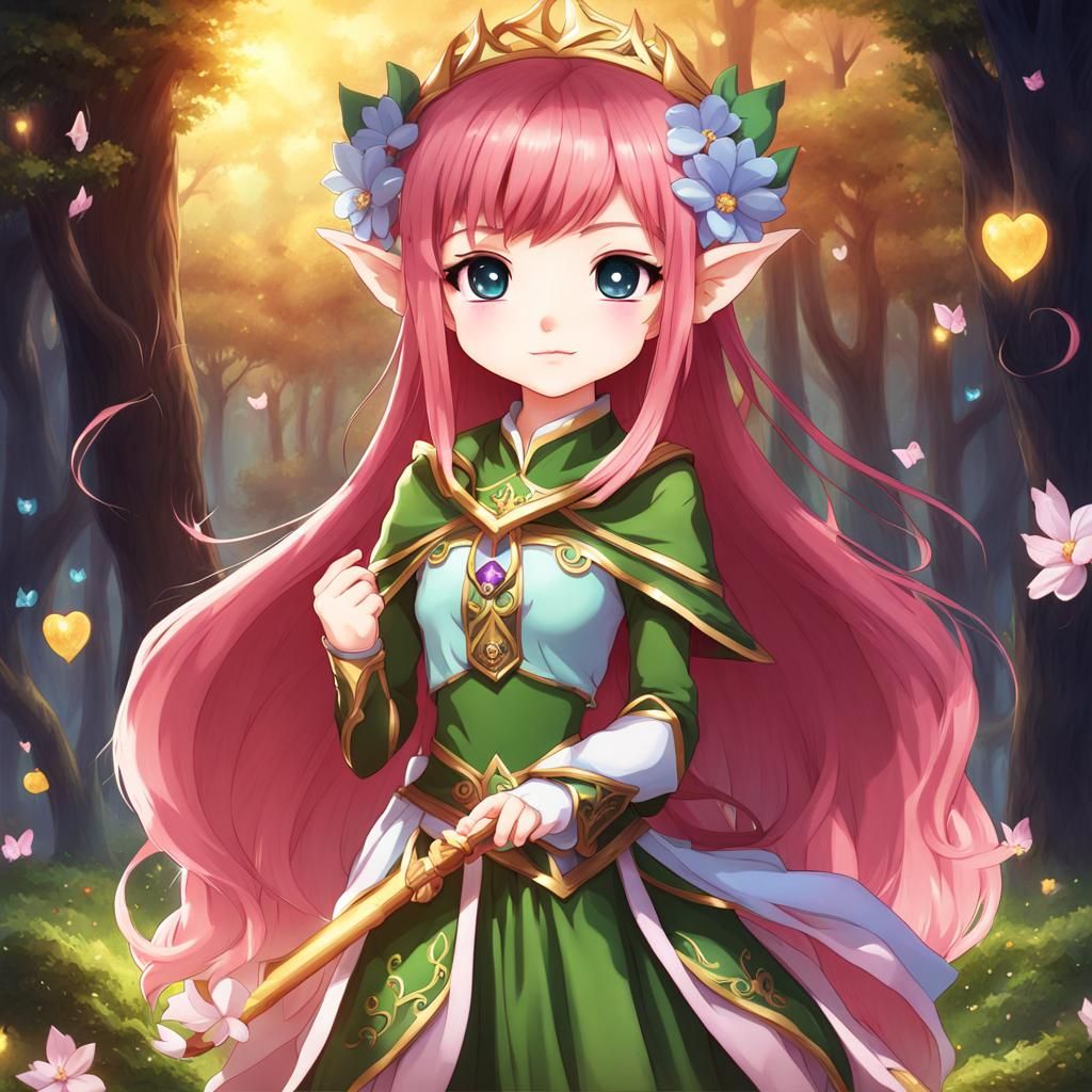 Kawaii Elf Queen in Anime Cartoon Style