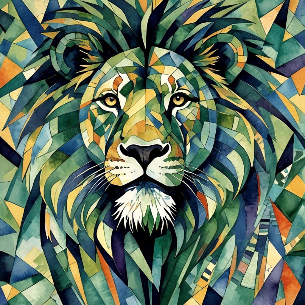 Geometric Lion Watercolor in Cubist Style