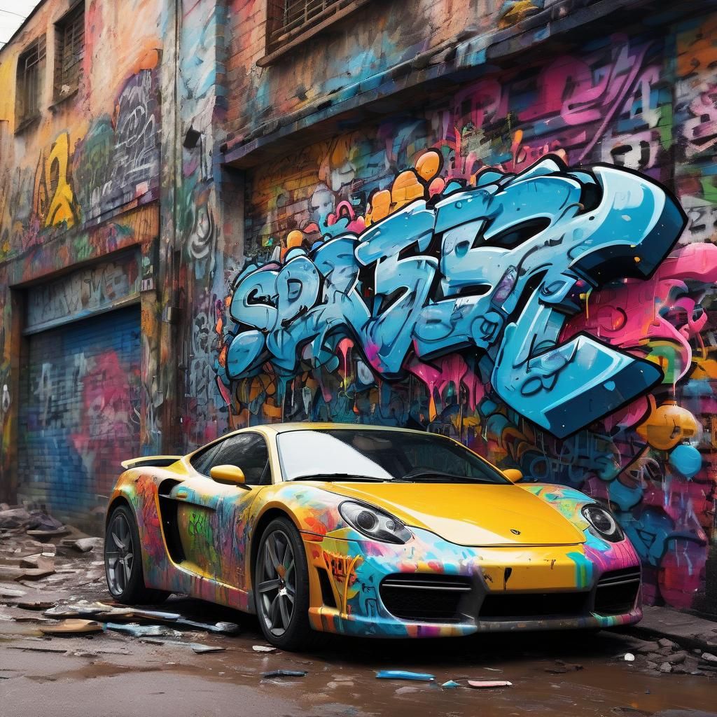 Sports Car in Slum with Graffiti Street Art