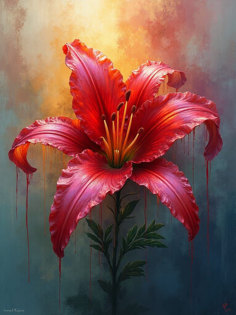Grunge-Inspired Red Lily Bloom in Watercolor Style