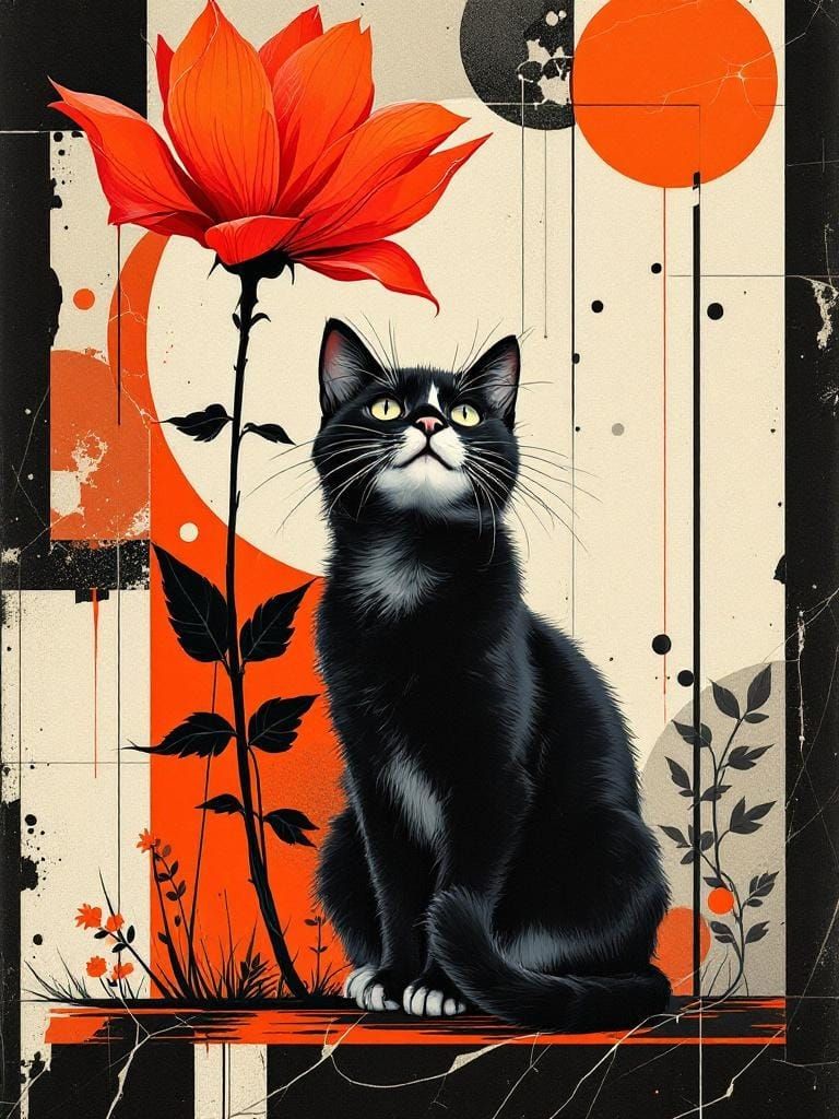 Cat Under Flower in Russian Futurism Xerox Art Style