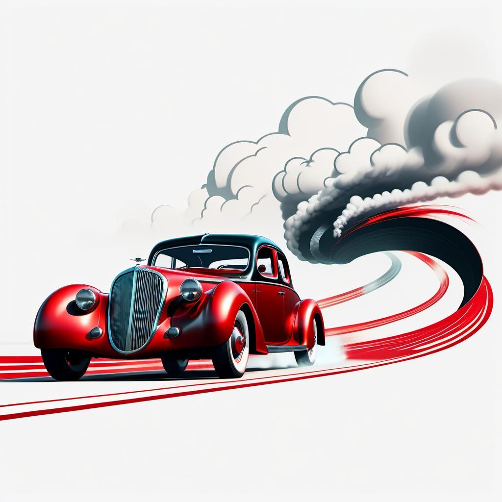 Retro Futurism Classic Car Speeding Down Curved Road in Styl...