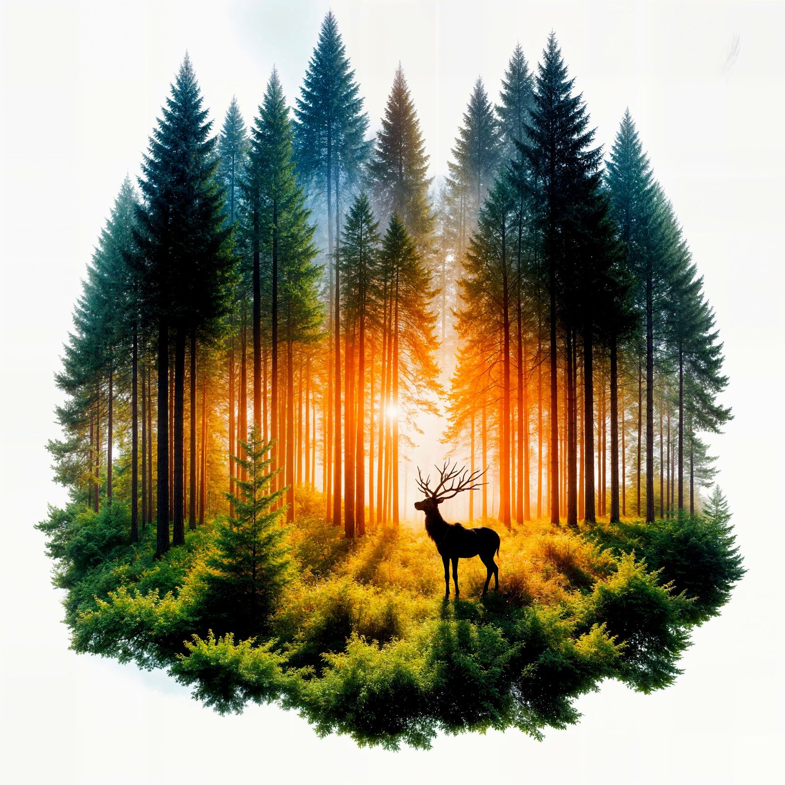 Surreal Forest Scene with Majestic Deer Silhouette