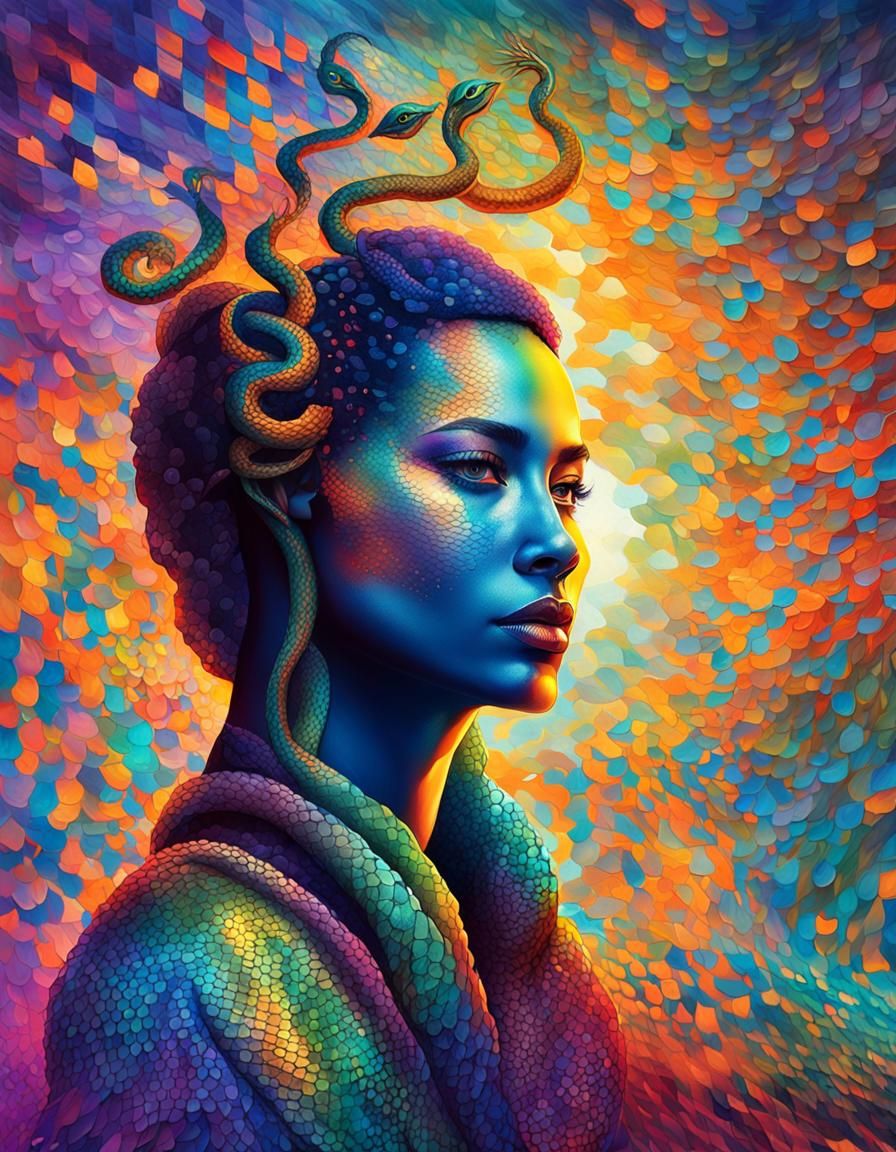 Iridescent Snakeskin Woman Portrait in Splash Art Style