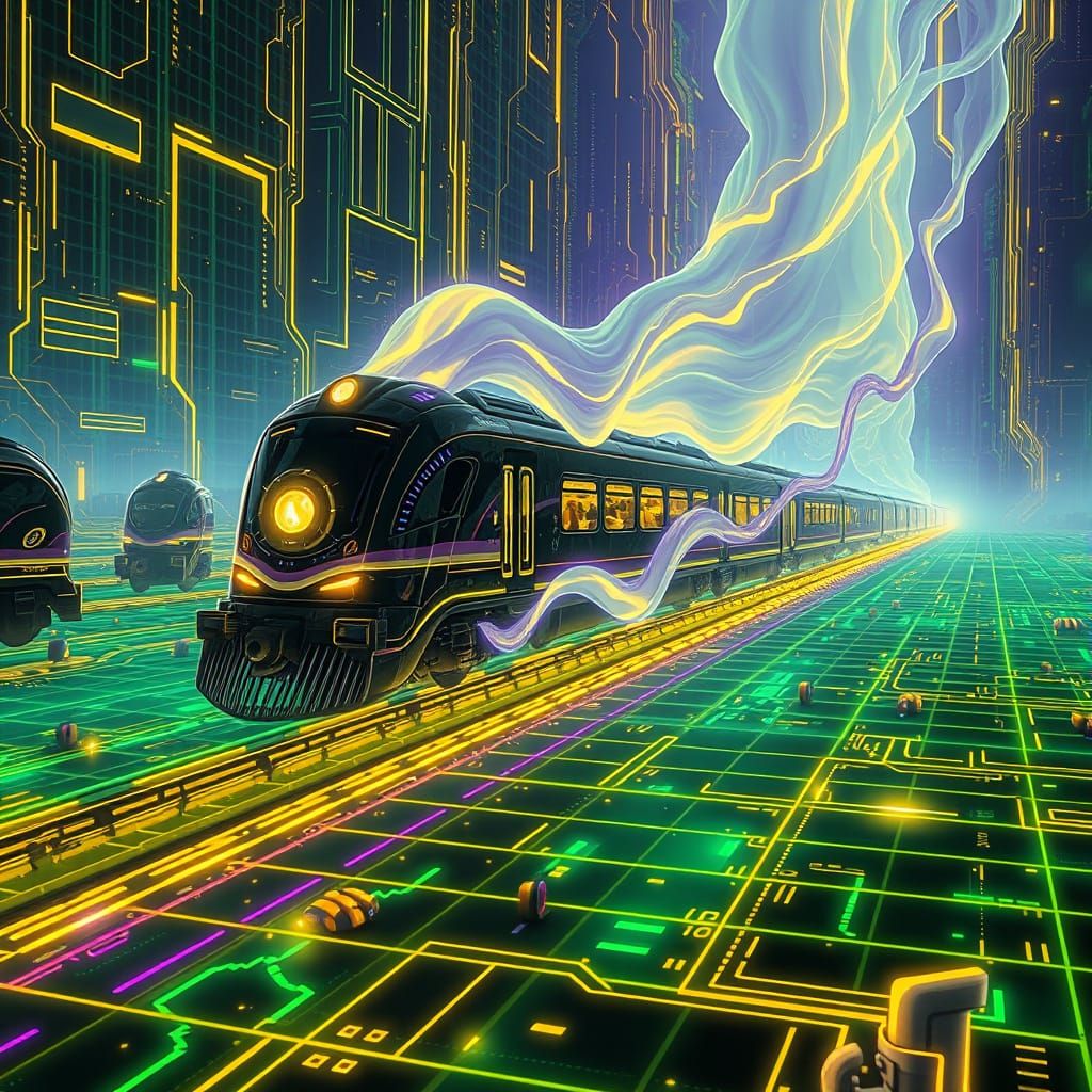 Futuristic Ghost Train on Neon Grid in Dark Fantasy Style